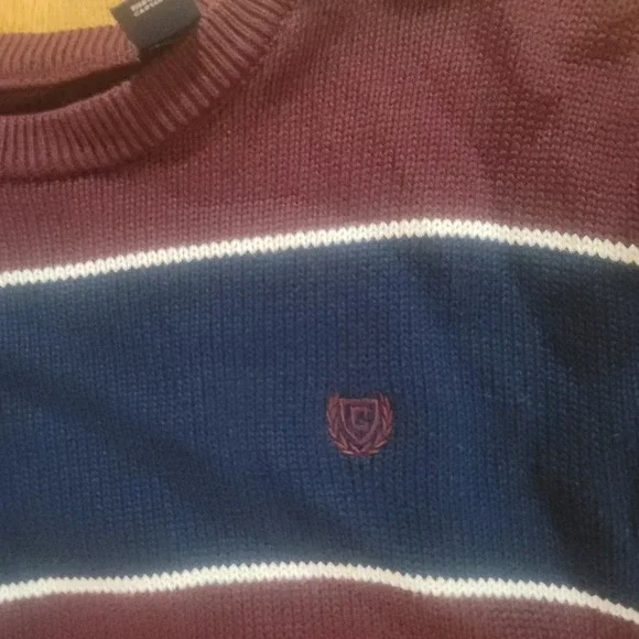 CHAPS Mens Striped Sweater Burgundy Navy White Long Sleeve Crew Neck Knit Size L - Picture 3 of 4